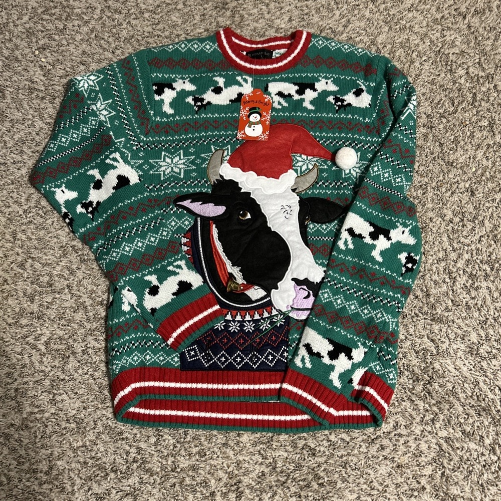 Blizzard Bay Men Ugly Xmas Office Knit Sweater Cow Santa Green Med Bell Winter